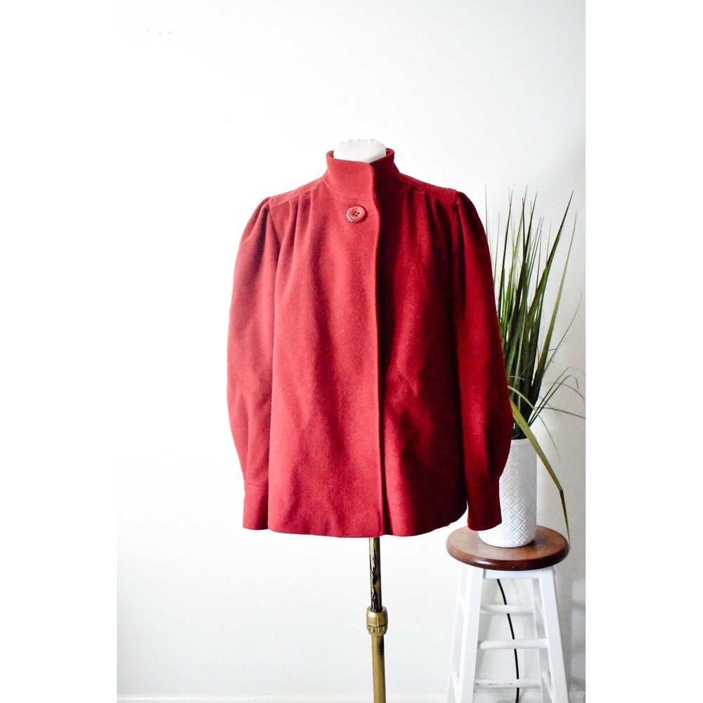 Ashley Scott Jacket Womens Large Red 80s Vintage Puff Sleeve Wool Blend Coat USA